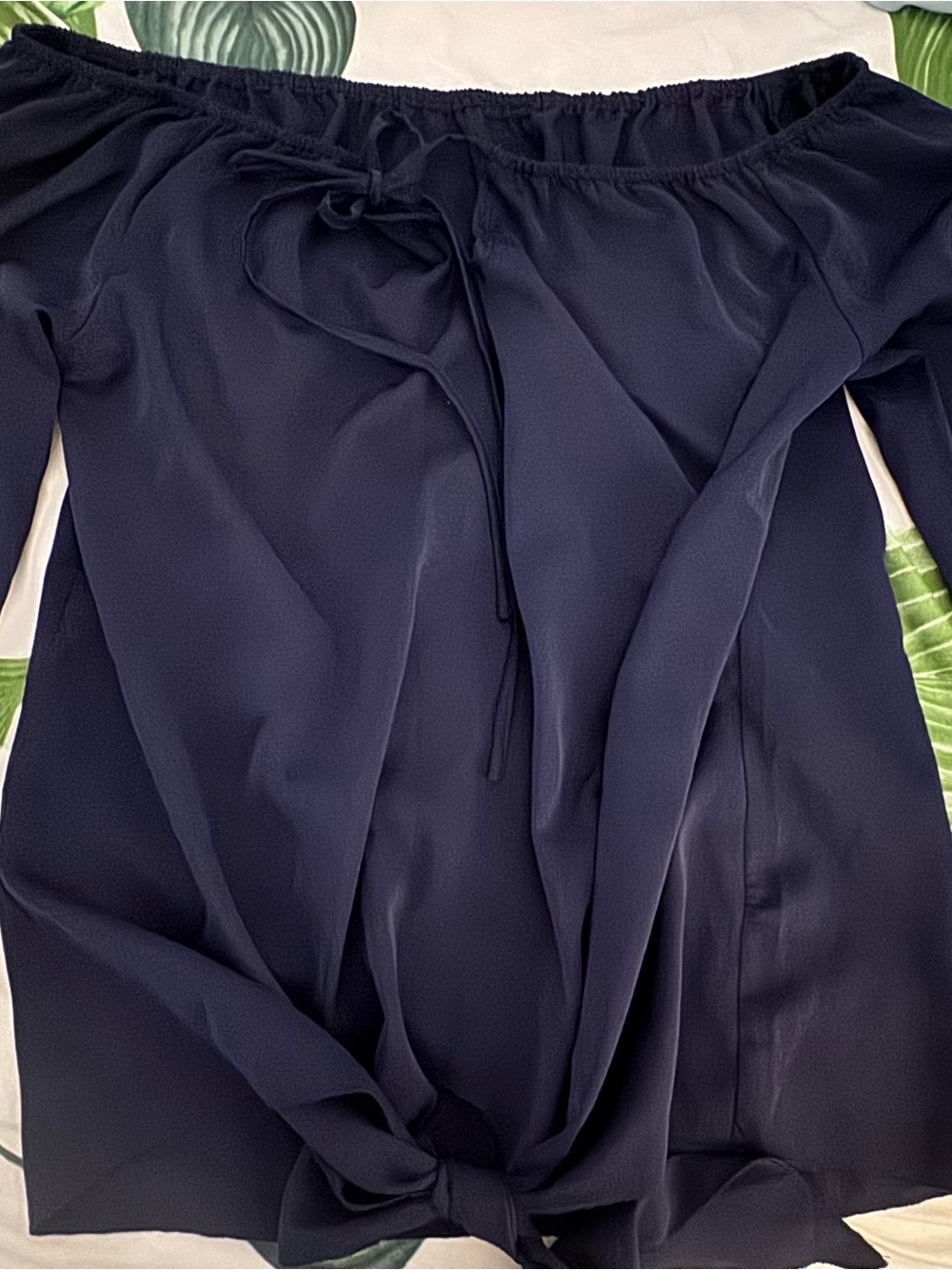 Navy Off-the-Shoulder Tie-Front Blouse